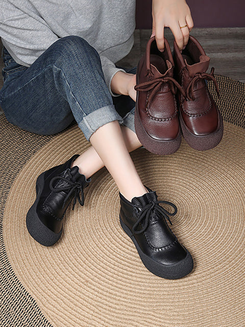 Women Retro Genuine Leather Spliced Strap Flat Boots