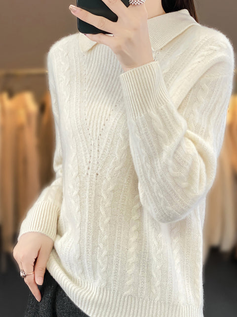 Women Autumn Soft Solid Knit 100%Wool Turn-down Collar Sweater