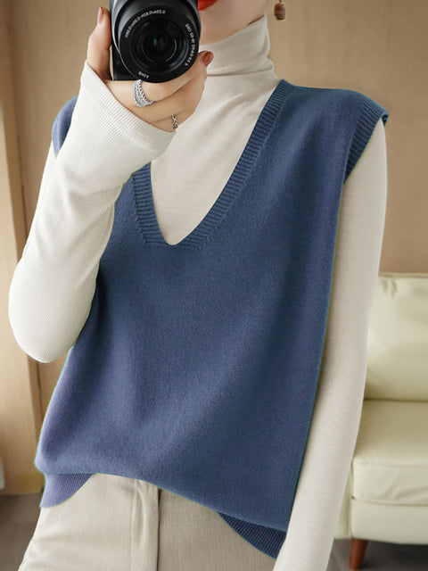 Women Casual Autumn Wool V-Neck Knit Vest