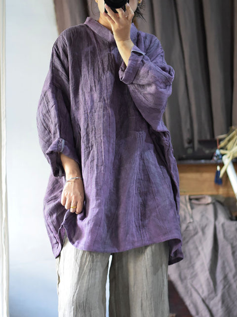 Women Vintage Solid Linen Loose Long Blouse