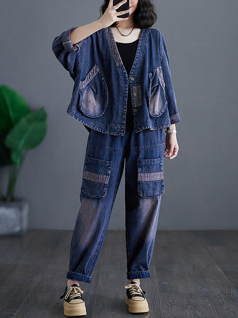 Women Retro Spring Spliced Big Pocket Denim Coat