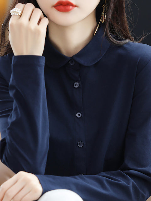 Women Spring Turn-down Collar Pure Color Cotton Shirt