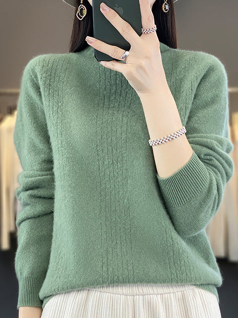 Women Autumn Solid Cable Knit 100%Wool Half Turtleneck Sweater