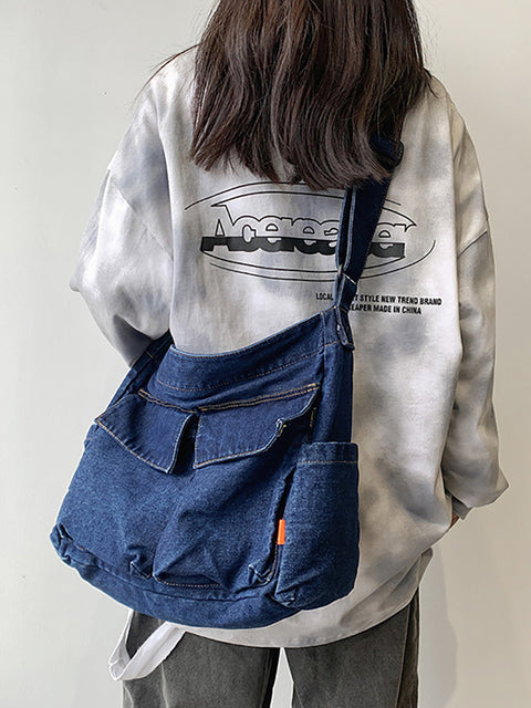 Women Vintage Solid Denim Large Capacity Bag