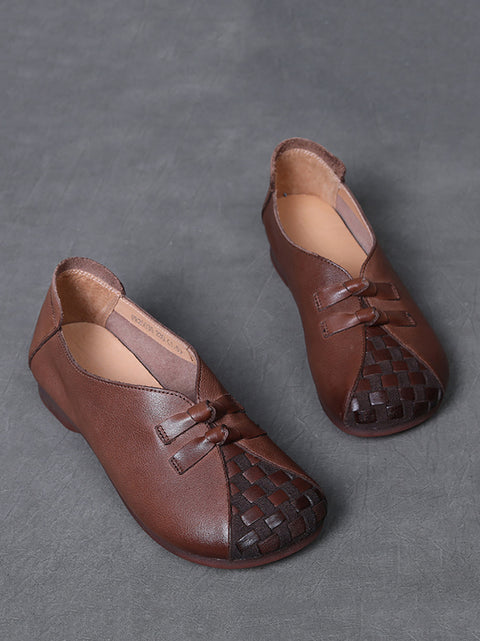 Women Vintage Soft Leather Weave Low Heel Shoes