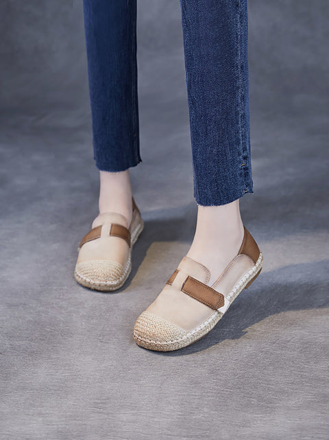 Women Summer Leather Linen Weave Spliced Flat Shoes