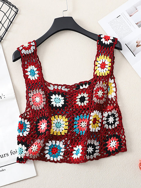 Women Artsy Summer Flower Handmade Knitted Vest