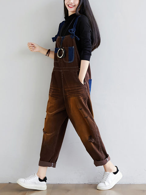 Women Retro Colorblock Autumn Denim Jumpsuits