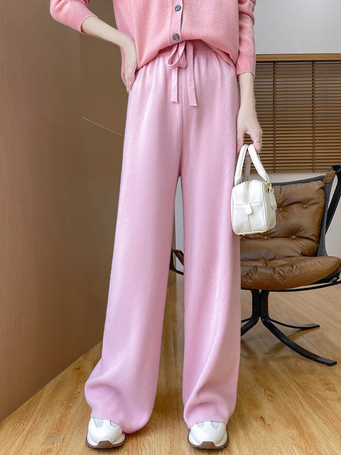 Women Autumn Casual Solid 100%Wool Knit Wide-leg Pants