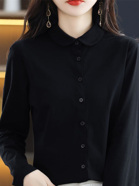 Women Spring Turn-down Collar Pure Color Cotton Shirt