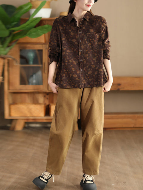 Women Autumn Vintage Flower Croduroy Cotton Shirt