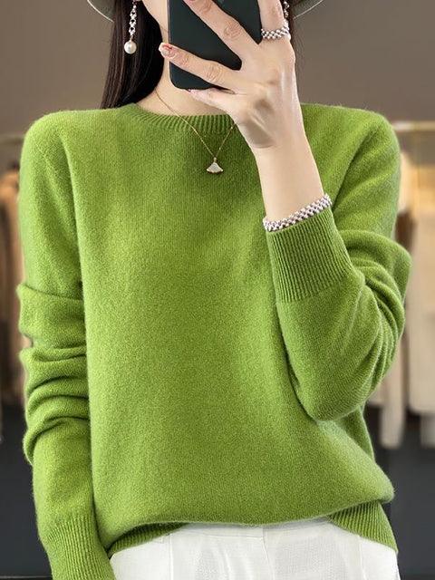 Women Autumn Solid Knit 100%Wool O-Neck Sweater