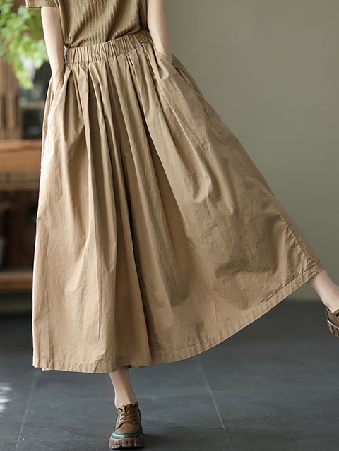 Women Summer Solid Pleat Button Pocket Wide-leg Pants