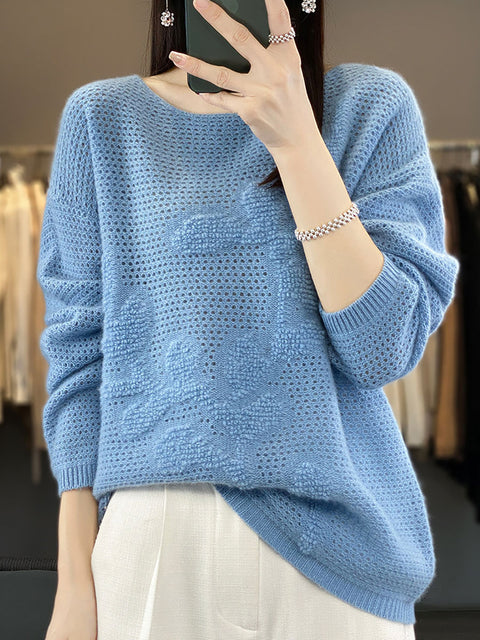 Women Autumn O-Neck Spliced Wool Warm Knit Sweater