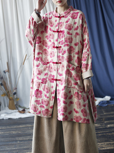 Women Vintage Spring Flower Buckle Robe Long Shirt