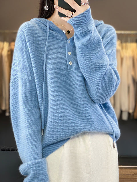 Women Autumn Soft Solid Knit 100%Wool Hooded Sweater