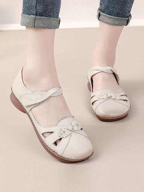 Women Summer Ethnic Solid Leather Spliced Low Heel Shoes