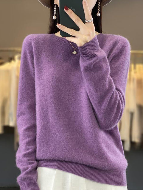 Women Autumn Solid Knit 100%Wool O-Neck Sweater