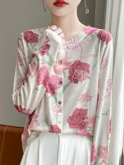 Women Spring Casual Flower O-Neck Thin Shirt