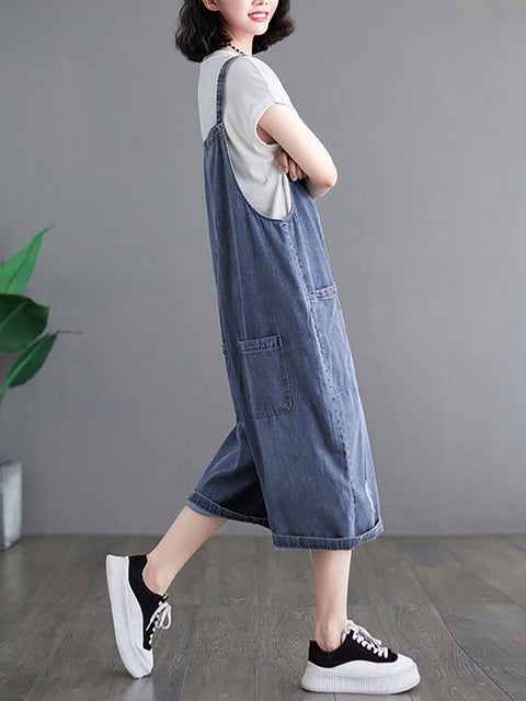 Women Summer Washed Pocket Frayed Button Denim Jumpsuits