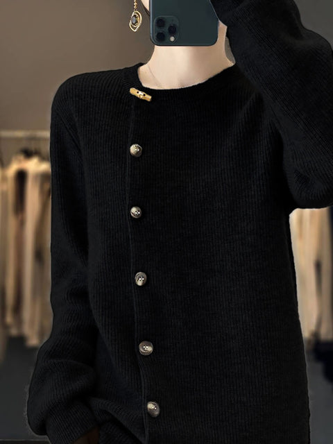 Women Autumn Solid Knit Wool Buttoned O-Neck Sweater