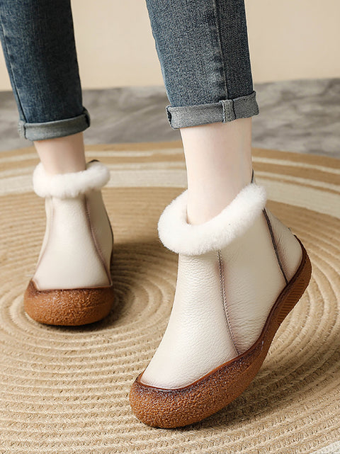 Women Casual Leather Spliced Fleece-lined Flat Shoes