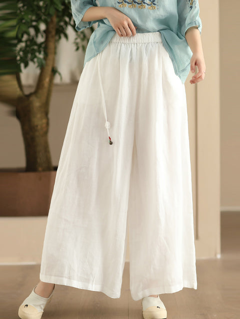 Women Summer Dual-layer Wide-leg Ramie Pants