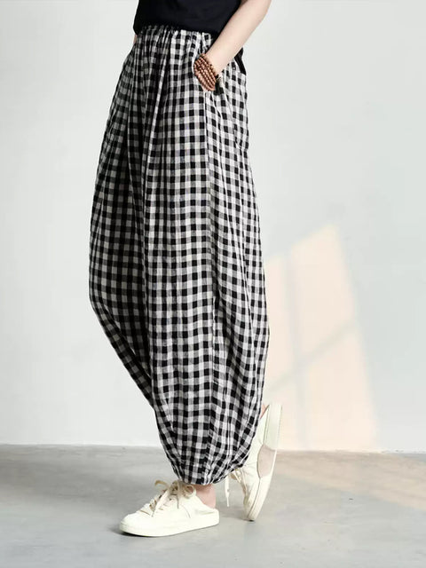 Women Spring Casual Plaid Loose Linen Harem Pants