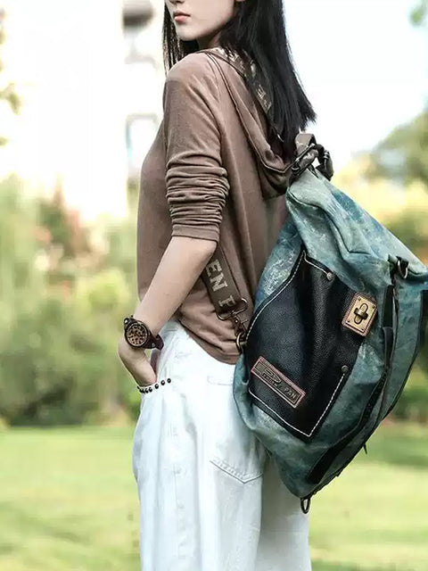 Women Retro Canvas Leather Spliced Shouder Bag