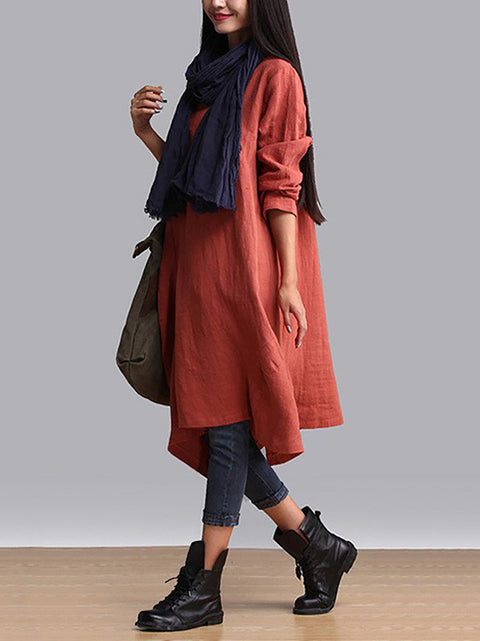 Plus Size Women Autumn Casual Solid Loose Dress