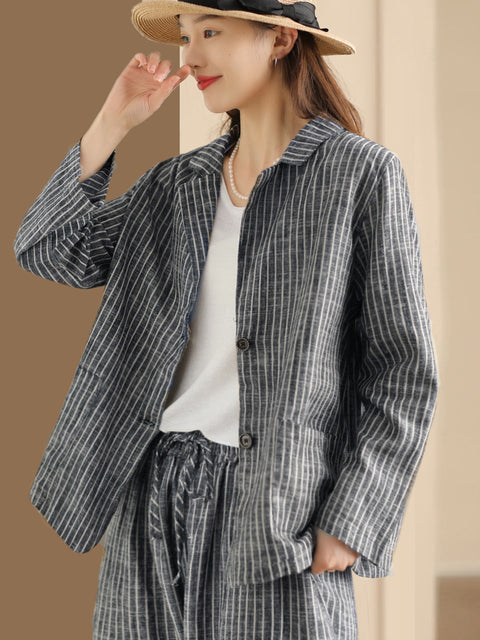 Plus Size Women Vintage Stripe Spring Linen Shirt+Pants