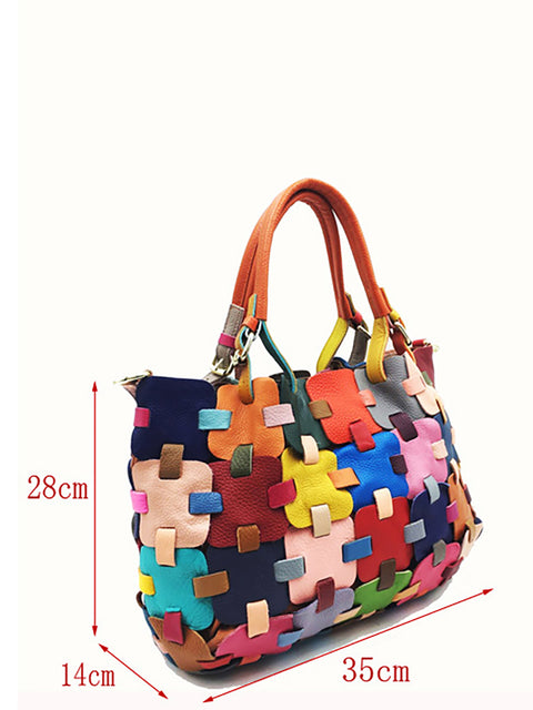 Women Fashion Genuine Leather Plaid Spliced Handbag