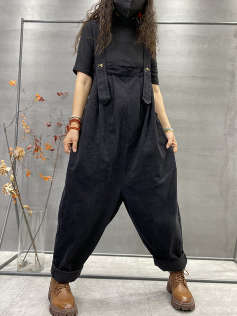 Plus Size Autumn Women Casual Solid Color Loose Jumpsuits