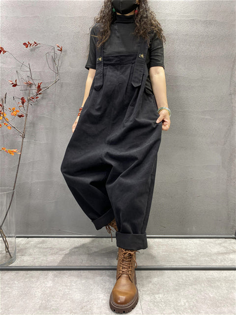 Plus Size Autumn Women Casual Solid Color Loose Jumpsuits