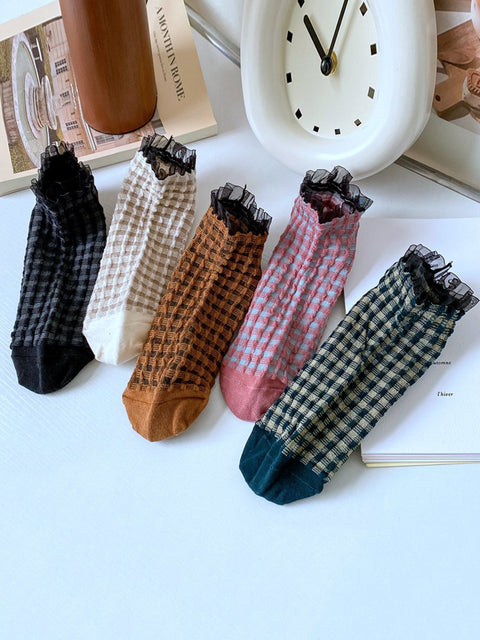 5 Pairs Women Vintage Solid Lattice Lace Socks