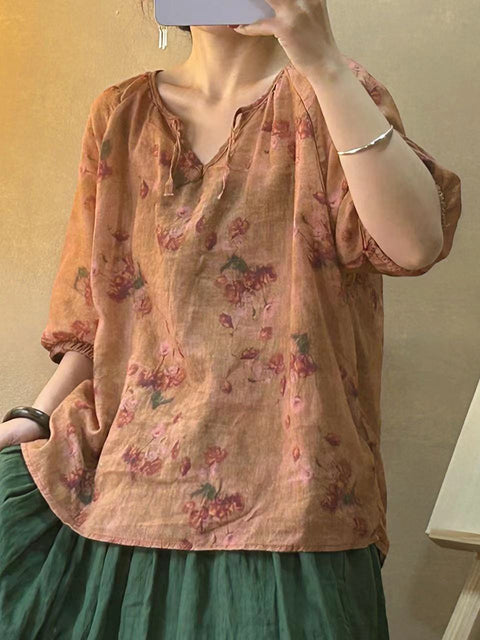 Women Vintage Flower V-neck Drawstring Ramie Shirt