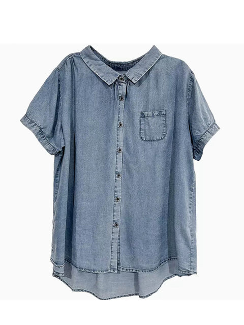 Plus Size Women Summer Solid Button Pocket Denim Shirt