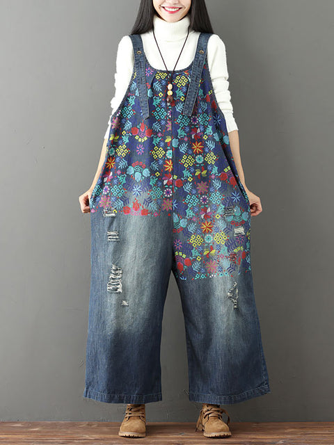 Women Vintage Floral Frayed Pocket Straight-leg Denim Jumpsuits