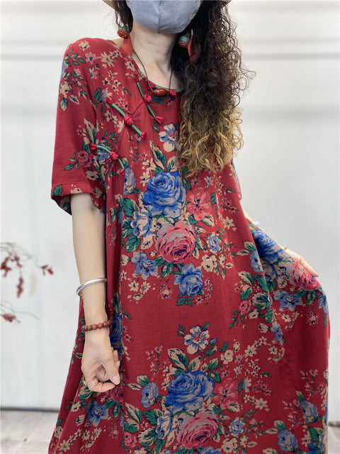 Plus Size Summer Vintage Ethnic Flower Button Loose Dress