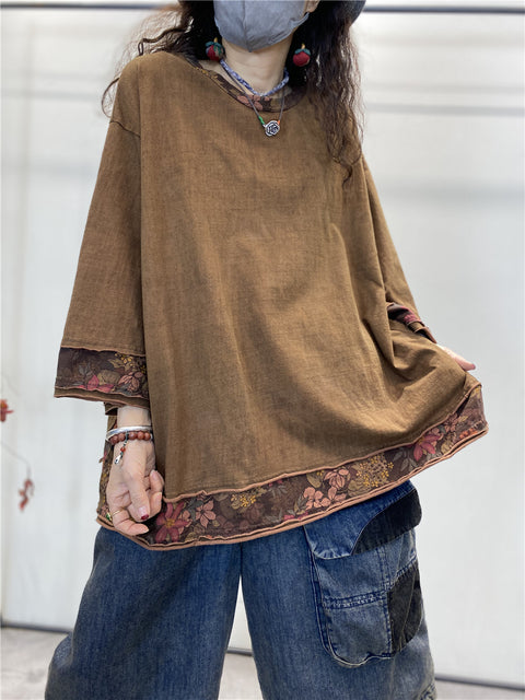 Women Summer Vintage Spliced Worn Solid Cotton Shirt