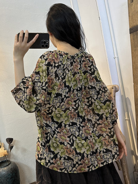 Plus Size Women Vintage Summer Flower Drawstring Thin Shirt