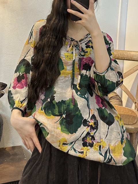 Plus Size Women Vintage Summer Flower Drawstring Thin Shirt