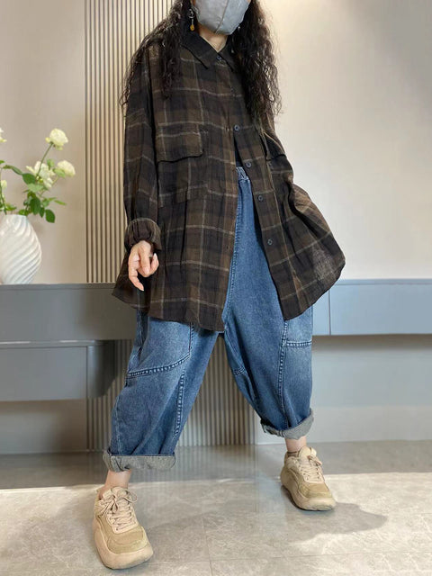 Plus Size Women Vintage Plaid Pocket Long Cardigan Shirt