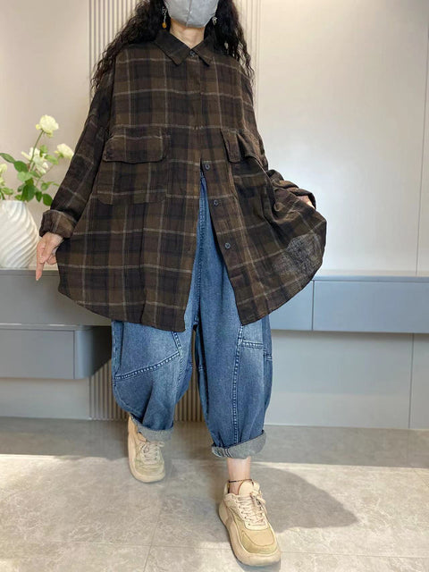 Plus Size Women Vintage Plaid Pocket Long Cardigan Shirt