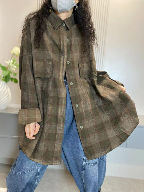 Plus Size Women Vintage Plaid Pocket Long Cardigan Shirt