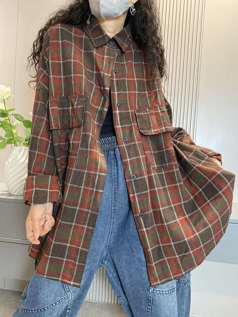 Plus Size Women Vintage Plaid Pocket Long Cardigan Shirt