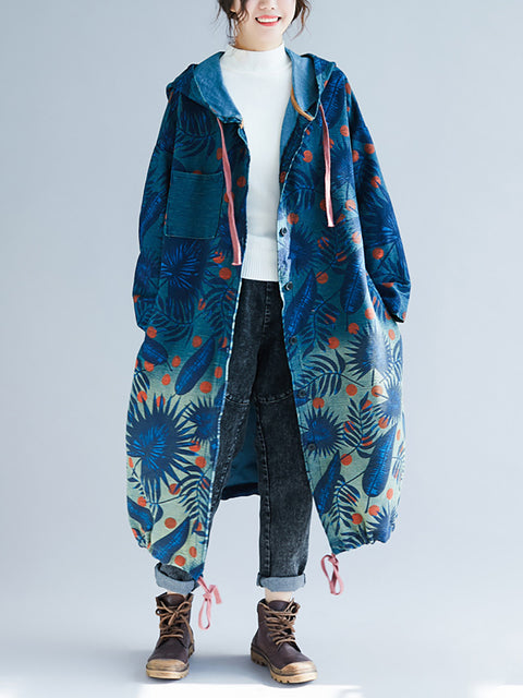 Women Artsy Leaf Gradual Print Denim Hooded Long Coat