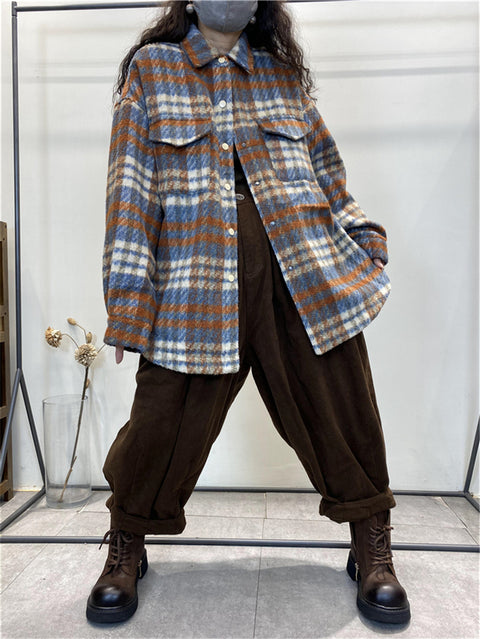 Plus Size Women Vintage Plaid Winter Shirt Jacket