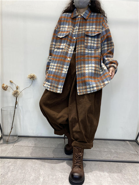 Plus Size Women Vintage Plaid Winter Shirt Jacket