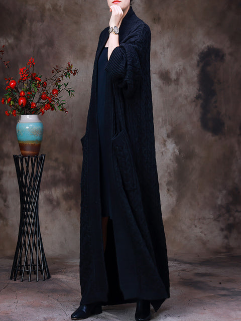 Women Winter Solid Vintage Knitted Maxi Coat